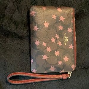 Coach Wristlet 6” x 4” Dark Brown with dark pink Stars